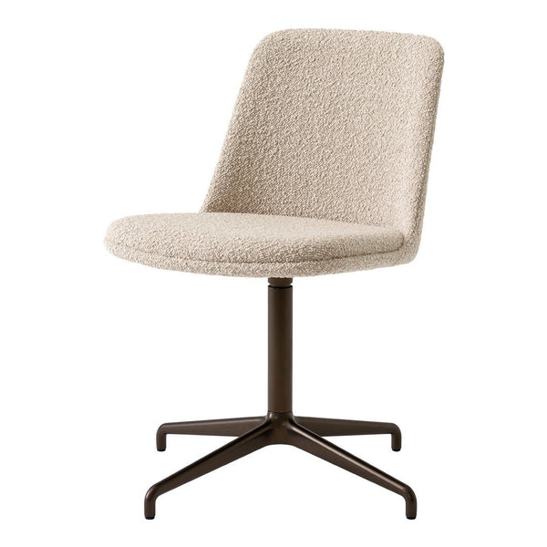 Beige textured chair with a smooth, curved design and a dark brown metal base; perfect for modern interiors.