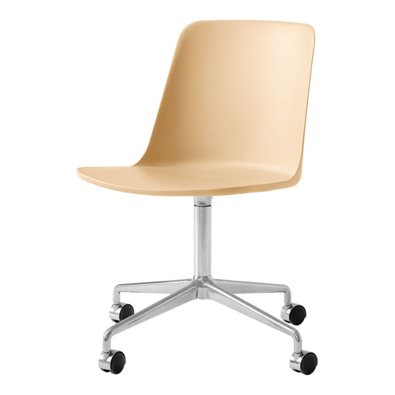 Beige modern chair with a smooth surface and chrome swivel base, featuring five rolling casters for easy mobility.