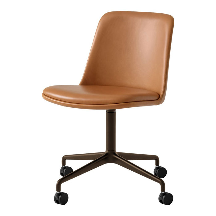 Brown leather swivel chair with a sleek, modern design and a minimalist, solid color finish.