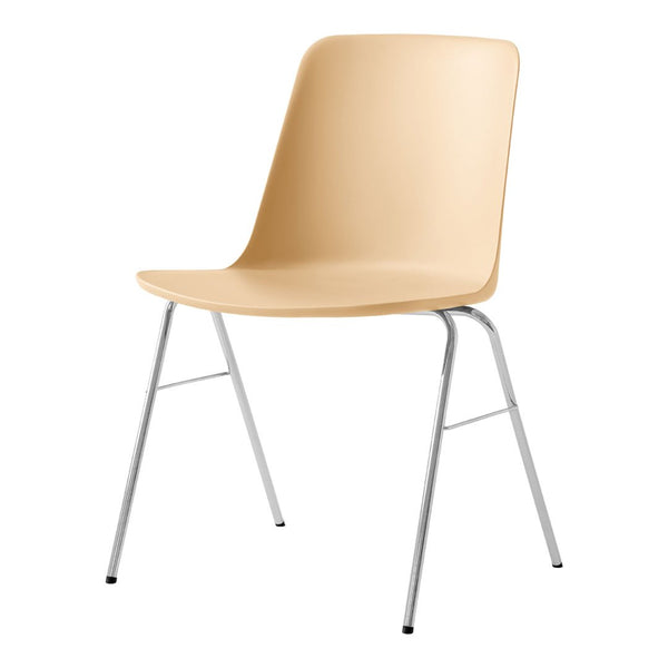 Beige chair with a smooth, curved seat and sleek silver metal legs, perfect for modern decor.