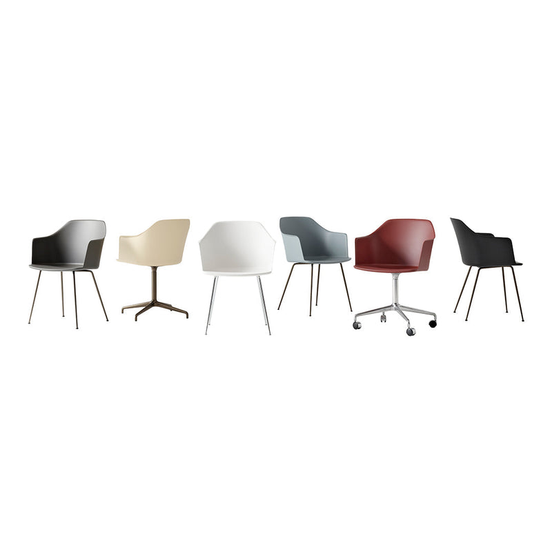 Six modern chairs in black, white, gray, cream, and red with sleek designs and varied bases. Perfect for stylish interiors.