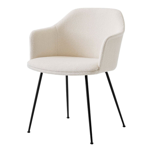 Cream upholstered chair with modern black metal legs, featuring a simple, elegant design. Ideal for any decor.