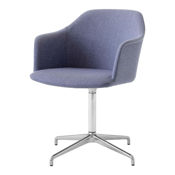 Stylish swivel chair in soft lavender fabric with a smooth, modern shape and silver base. Ideal for contemporary decor.