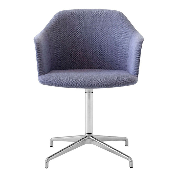 Modern swivel chair in soft lavender fabric with a smooth, textured finish and sleek silver base.