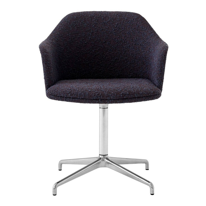 Modern swivel chair in dark purple upholstery with subtle textured pattern and a sleek silver base.