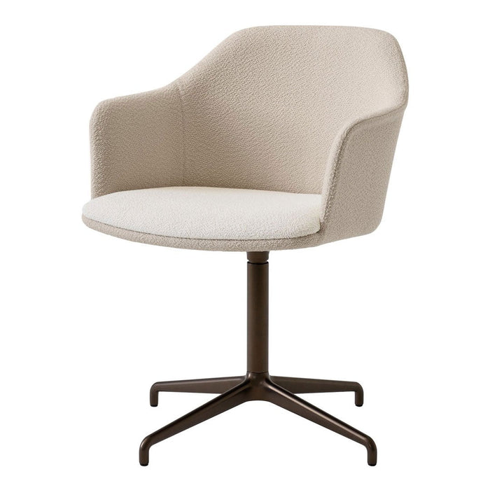 Beige upholstered swivel chair with a smooth fabric texture and dark brown metal base. Modern and stylish design.
