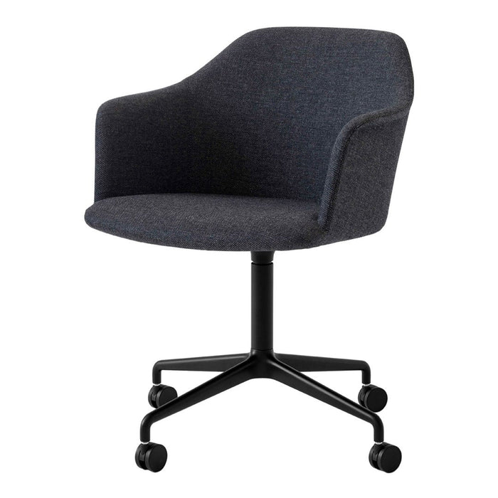 Stylish gray upholstered chair with a smooth, modern design and black wheeled base. Perfect for any workspace.