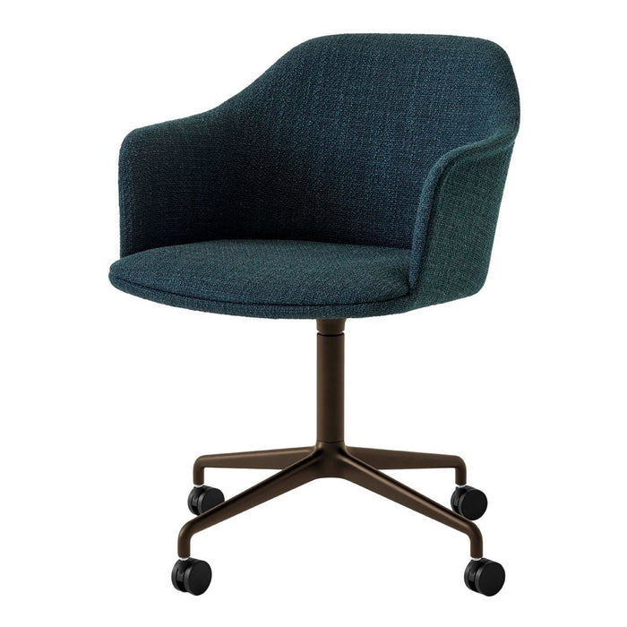 Teal upholstered office chair with a smooth, modern design and a contrasting dark metallic base.