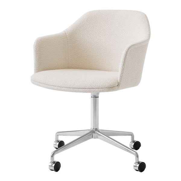 Cream upholstered swivel chair with a minimalist design and stainless steel base, featuring soft, smooth lines.