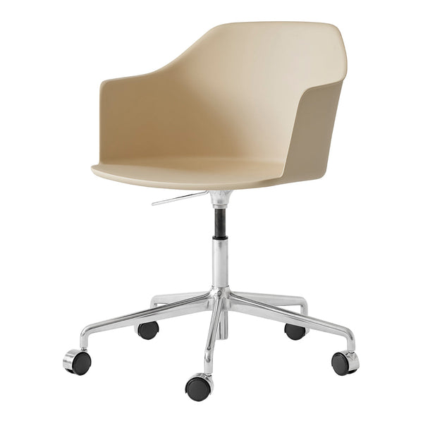 Beige swivel chair with smooth, minimalist design and chrome base, ideal for modern spaces.