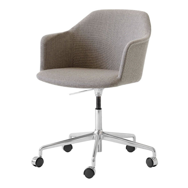 Light gray upholstered office chair with a smooth, textured pattern and chrome base, featuring five black casters.