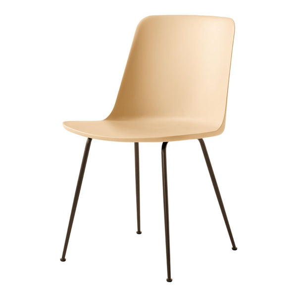 Beige plastic chair with sleek design and black metal legs, perfect for modern interiors.