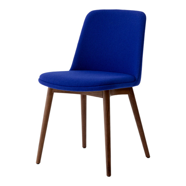 Blue upholstered chair with a sleek design and natural wood legs. Perfect for modern decor.