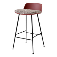 Red and beige patterned bar stool with a sleek black metal frame. Ideal for modern interiors.