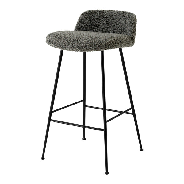 Gray textured seat with black metal legs, modern design perfect for contemporary spaces.