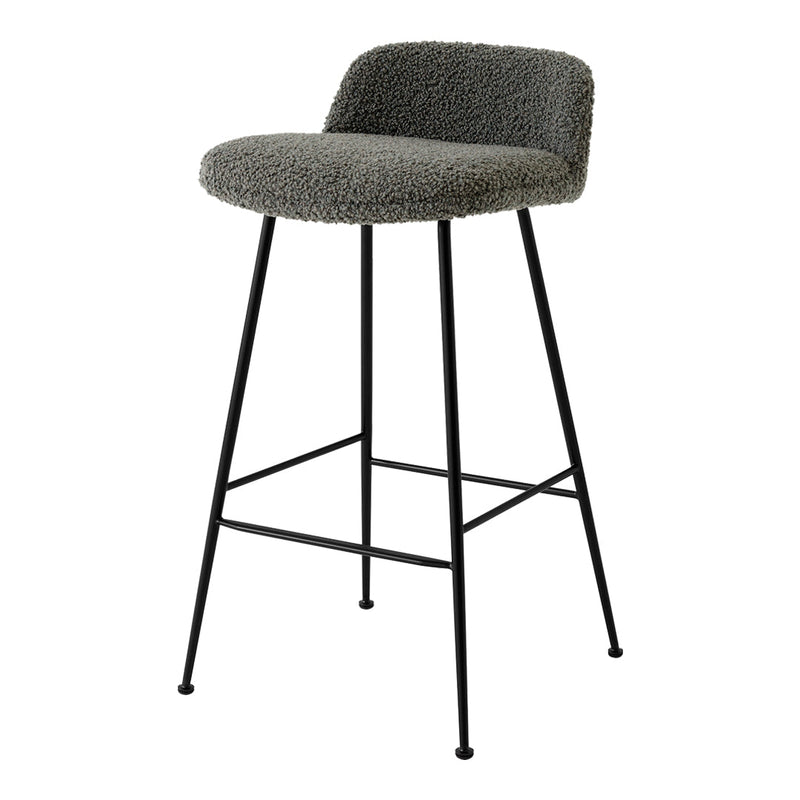 Gray textured seat with black metal legs, modern design perfect for contemporary spaces.