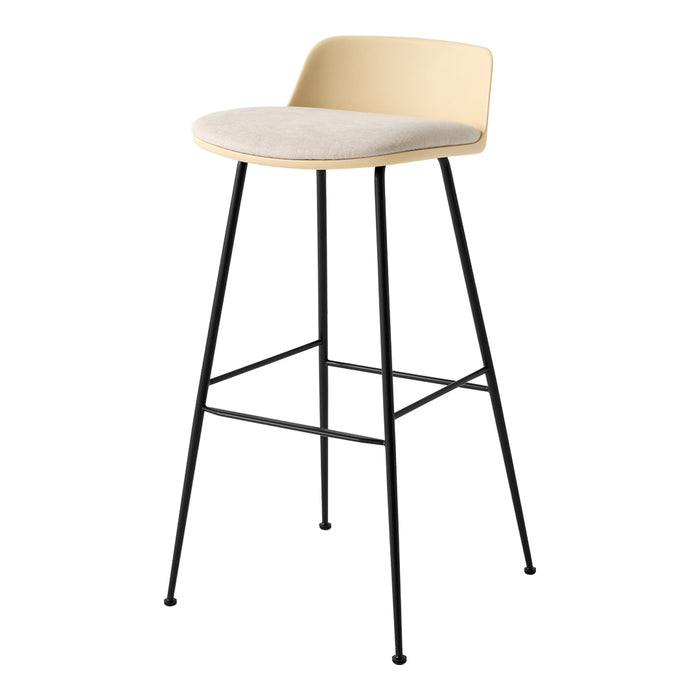 Neutral beige stool with a sleek black metal base, featuring a minimalist design and subtle fabric texture on the seat.