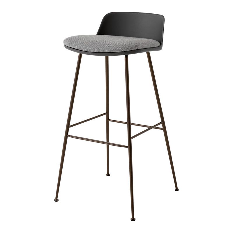 Modern bar stool with a black plastic seat and a gray fabric cushion on sleek brown metal legs.
