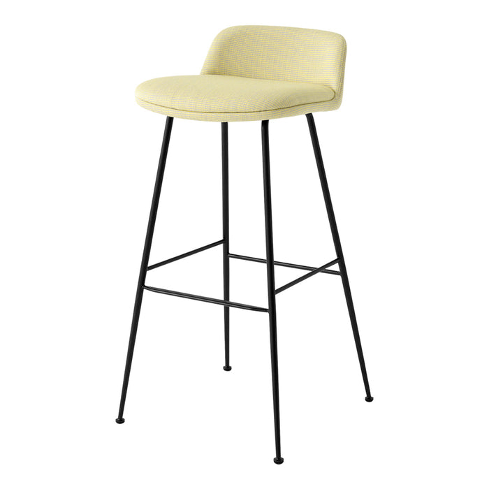 Light yellow upholstered bar stool with a sleek black metal frame, featuring minimalist design and clean lines.
