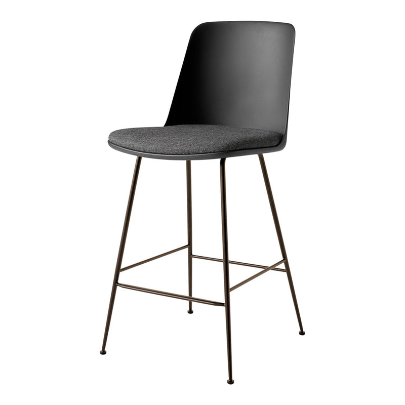 Stylish black bar stool with a gray upholstered seat and slender metal legs, perfect for modern decor.