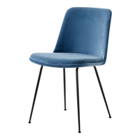 Blue velvet chair with a sleek black metal base, featuring a smooth, minimalist design. Perfect for modern decor.