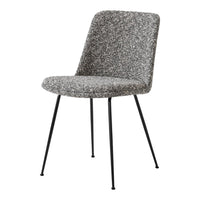 Gray textured fabric chair with sleek black legs, featuring a modern, minimalist design. Ideal for contemporary decor.