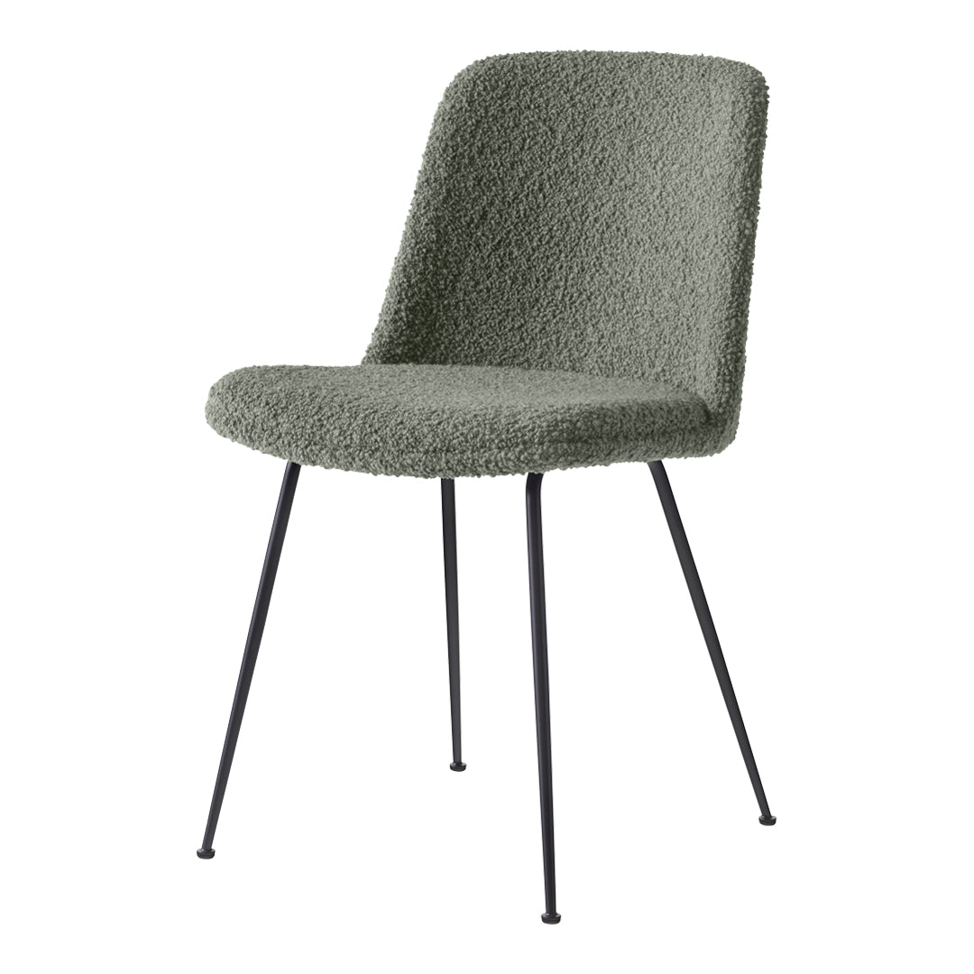 Textured olive green chair with black metal legs, perfect for modern decor. Simple and stylish design.
