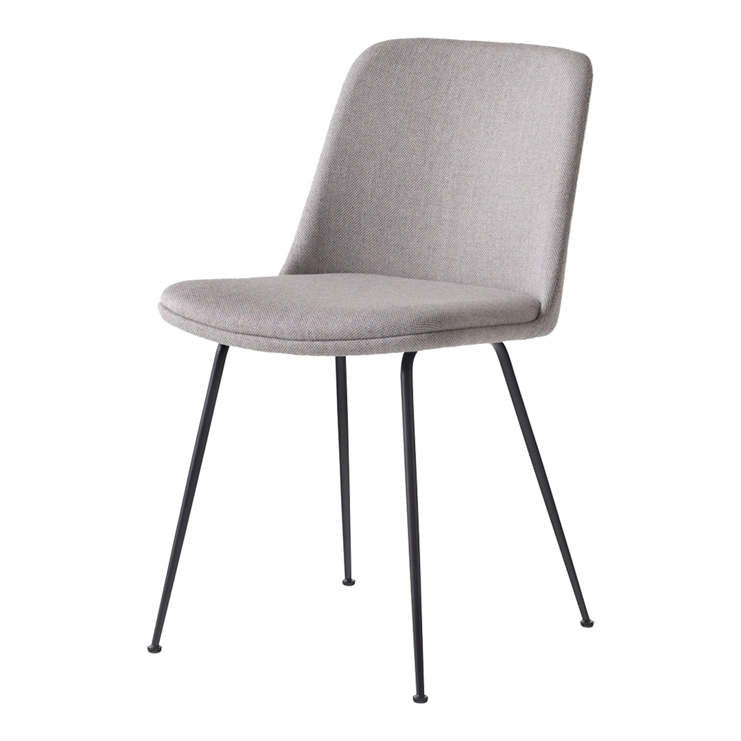 Modern gray upholstered chair with sleek black metal legs, featuring a minimalist design and smooth fabric texture.