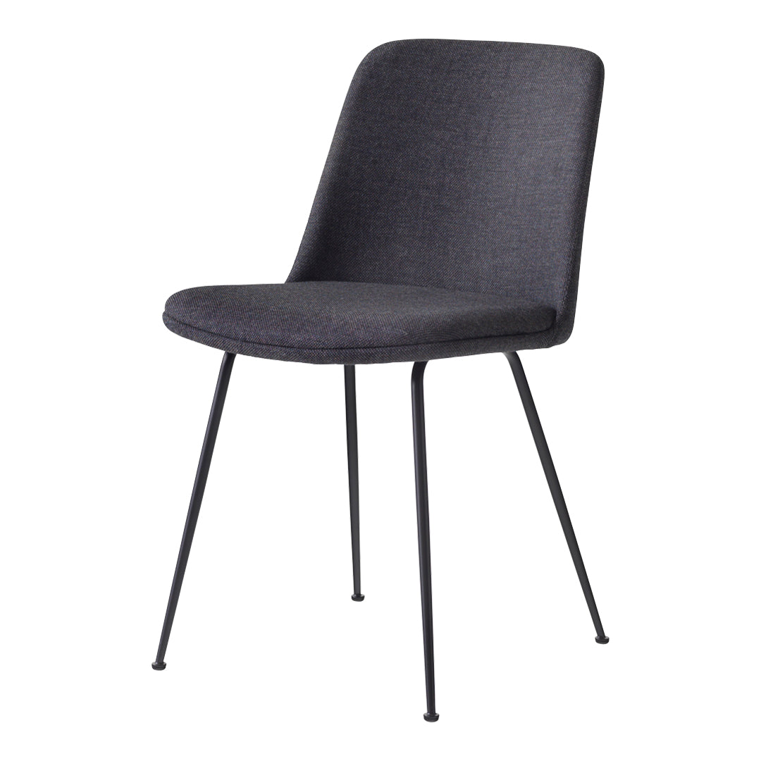 Elegant gray upholstered chair with a minimalist design and sleek black metal legs, perfect for modern interiors.