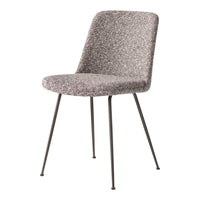 Gray speckled fabric chair with sleek black metal legs, featuring a modern, minimalist design.
