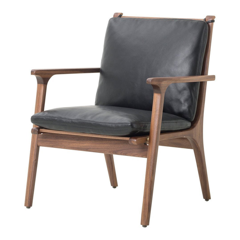 Black leather armchair with a sleek walnut wood frame, perfect blend of modern design and natural tones.