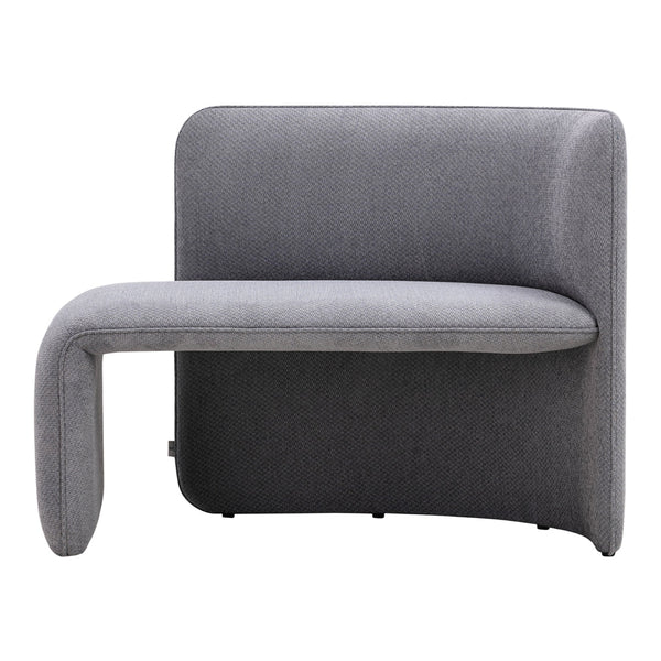 Stylish modern chair in soft gray fabric with a curved design for a contemporary look.