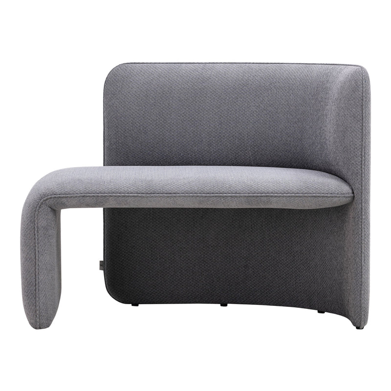 Stylish modern chair in soft gray fabric with a curved design for a contemporary look.