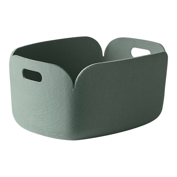 Green storage basket with a smooth texture and minimalist design, featuring curved edges and convenient handles.