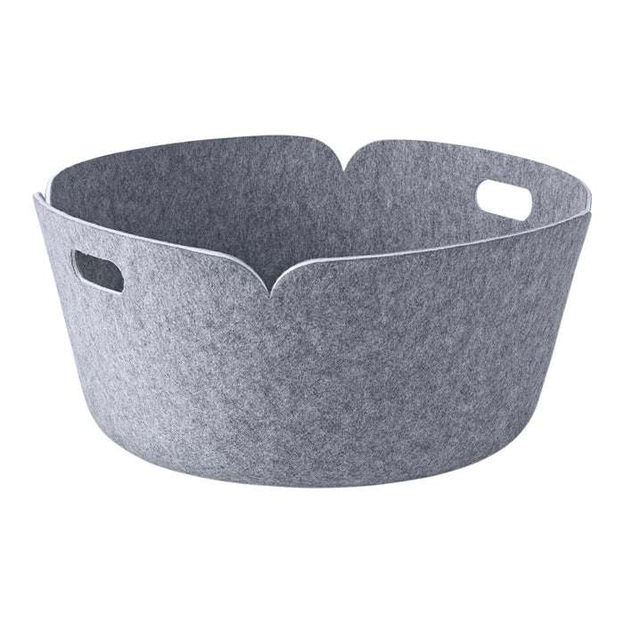 Gray felt storage basket with a smooth, rounded edge and cut-out handles for easy carrying.