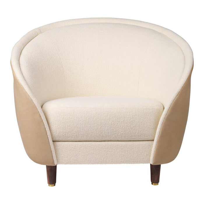Cream and beige accent chair with smooth, curved lines and wooden legs, perfect for modern interiors.