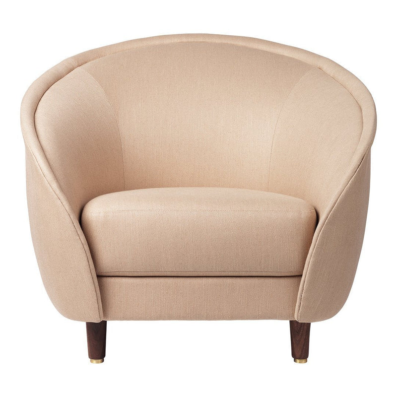 Beige upholstered accent chair with smooth, curved lines and wooden legs, featuring a subtle textured pattern.