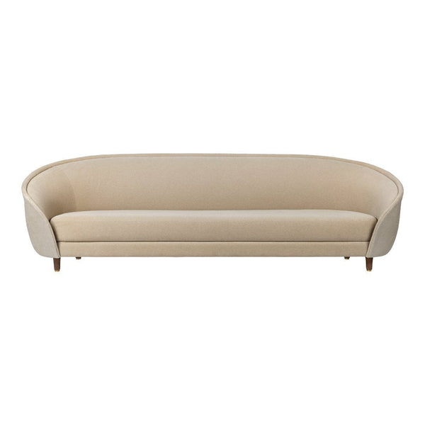 Beige curved sofa with a smooth fabric finish and wooden legs, perfect for modern minimalist decor.