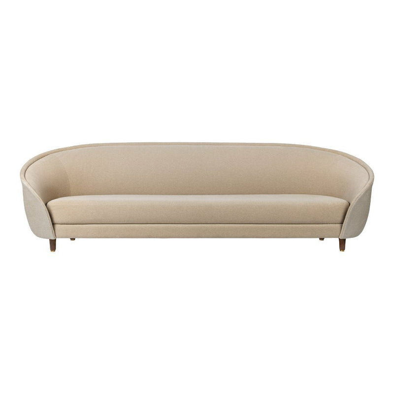 Beige curved sofa with a smooth fabric finish and wooden legs, perfect for modern minimalist decor.