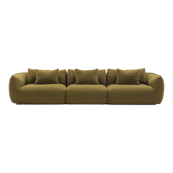 Olive green sofa with plush, textured fabric and matching cushions in a modern, rounded design.