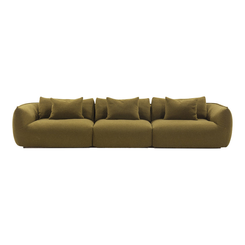 Olive green sofa with plush, textured fabric and matching cushions in a modern, rounded design.