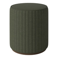 Green ribbed upholstered round stool with a smooth top and brown base. Ideal for modern home decor.