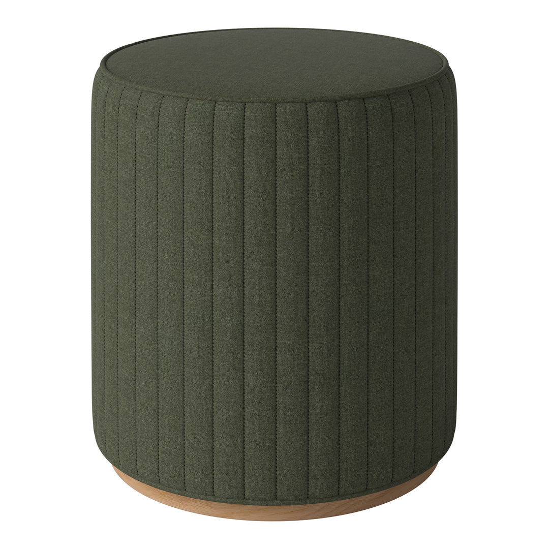 Green ribbed ottoman with a wooden base, adding a stylish touch to any decor.