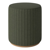 Green ribbed ottoman with a wooden base, adding a stylish touch to any decor.