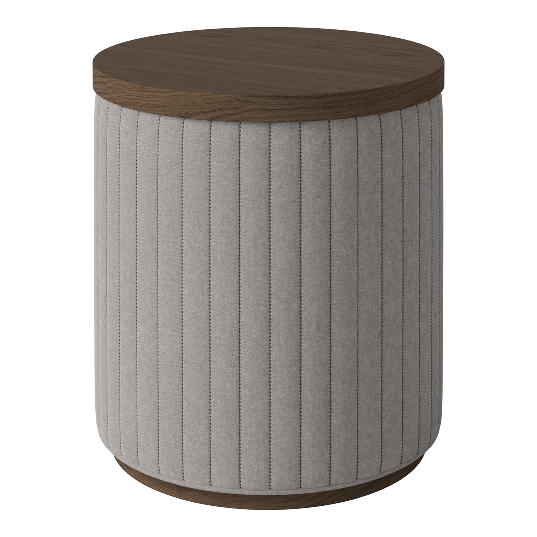 Round side table featuring a textured gray fabric body with vertical ribbed pattern and a warm wood finish top.