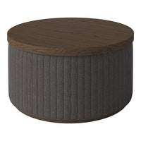 Dark gray ribbed fabric ottoman with a smooth, round walnut wood top, perfect for modern decor.