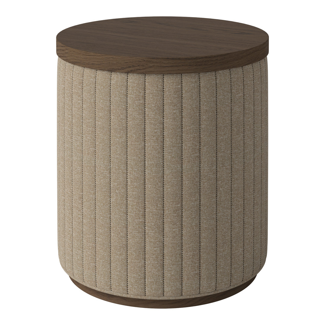 Beige textured fabric with vertical ribbed pattern and a dark wood top accent.