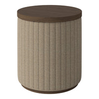 Beige textured fabric with vertical ribbed pattern and a dark wood top accent.