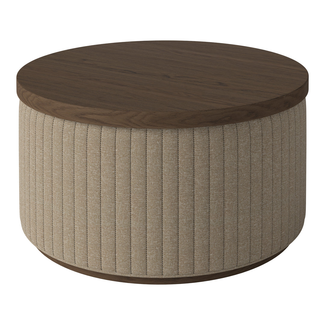 Round coffee table featuring a brown wood top and beige ribbed upholstery for a modern, textured look.