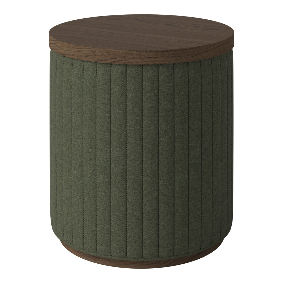 Green ribbed fabric cylindrical stool with a brown wooden top, perfect for modern decor.